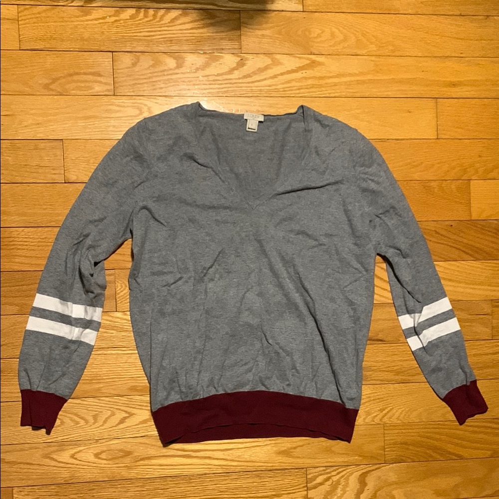 J Crew Gray and Red V-Neck Sweater with Striped Sleeves